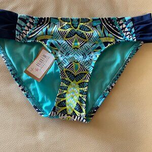 NWT Title Nine size small swimsuit bottoms, tribal print navy, turquoise, yellow